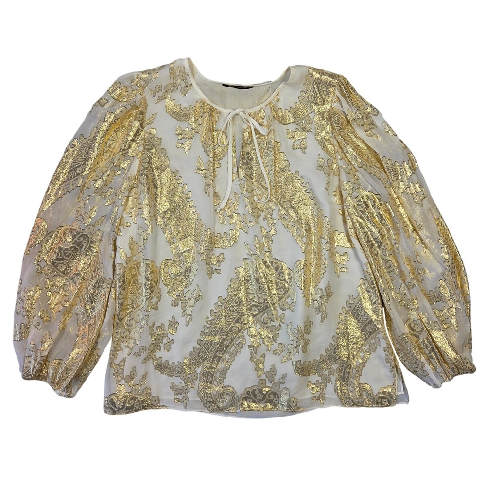 Kobi Halperin Womens Gold Paisley Silk‎ Tie Neck Puff Sleeve Blouse L Feminine